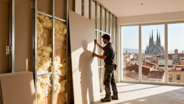 Obrero colocando pladur en una obra interior, con la Sagrada Familia de fondo.