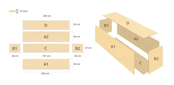 Piezas de madera para hacer pared de madera. Incluye medidas y un diagrama de ensamblaje.