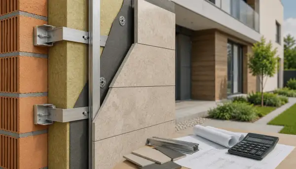 Detalle constructivo de una fachada ventilada, mostrando ladrillo, aislamiento, estructura metálica y revestimiento cerámico. Planos y calculadora sugieren el diseño.
