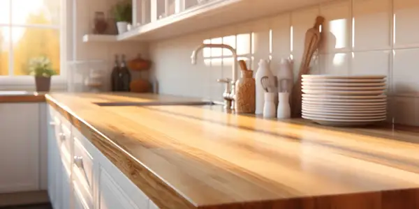Encimera de madera con un acabado brillante, lista para el tratamiento. Luz solar cálida ilumina la cocina.